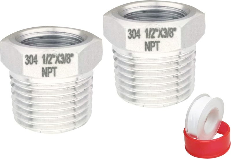 POTONZ 1/2" Male to 3/8" Female NPT Threaded Reducer Hex Bushing 304 Stainless Steel Reducing Adapter Pipe Fitting With Teflon Plumbers Tape(Pack of 2) - Image 1